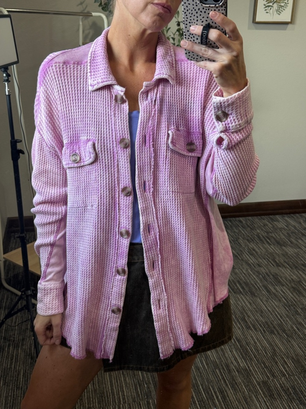 Women’s Pink Waffle Button-Down Shirt - Brand:
